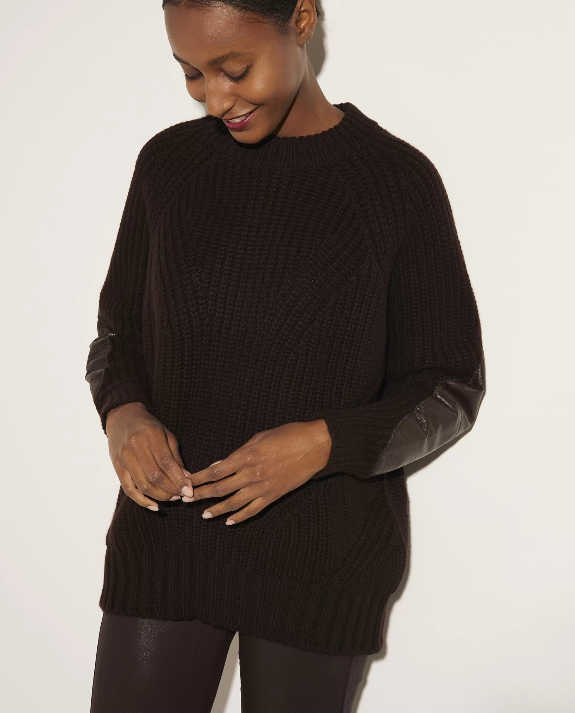 Fashion Gebreide Trui Met Leer Accenten Vrouwen Knitwear